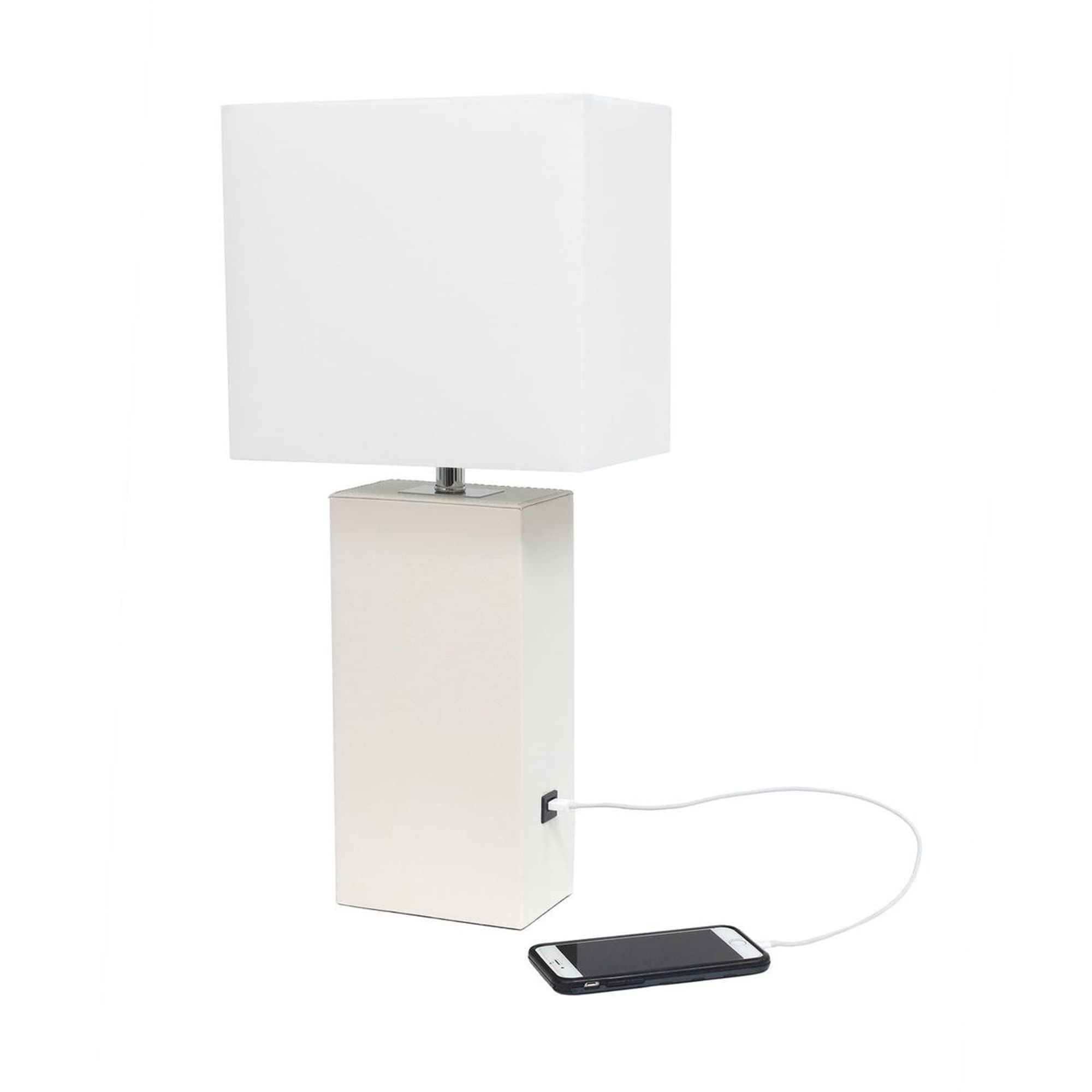 Lalia Home Lexington 21" Leather Base Modern Home Décor Bedside Table Lamp With Usb Charging Port For Living Room, Bedroom, Entryway, Foyer, Or Office (White)