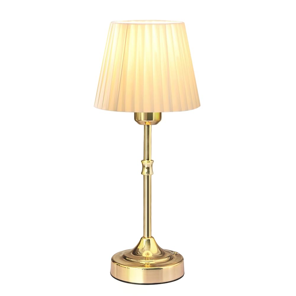 Leroxo Cordless Led Metal Table Lamp, Portable Fabric Shade Desk Lamp, 3-Level Brightness, Touch Sensor Control, Rechargeable Bedside/Nursery/Dining Room Lamp
