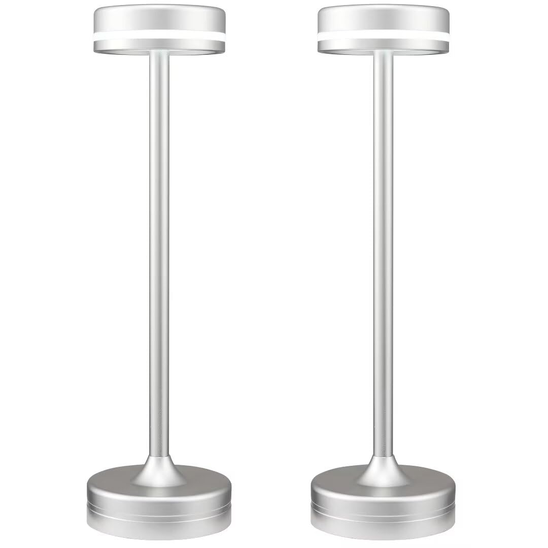 Jkeyes Small Table Lamps Set Of 2 Portable Cordless Rechargeable 5000Mah Battery Powered Table Lamp,3 Color Stepless Lamp To 40 Hours Usage,Bedside Lamp,Touch Lamps For Outdoor/Home/(Silver)