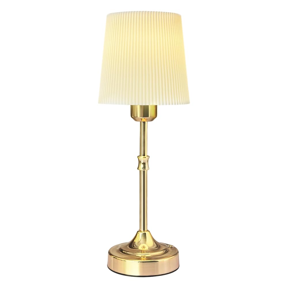 Leroxo Cordless Led Metal Table Lamp, Portable Fabric Shade Desk Lamp, 3-Level Brightness, Touch Sensor Control, Rechargeable Bedside/Nursery/Dining Room Lamp (Gold)