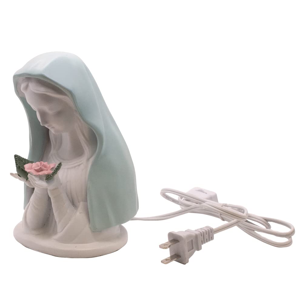 Village Gift Importers Blue Madonna With Rose Night Light | Small Catholic Table Lamp | Blessed Mother In Blue Veil Holding A Pink Rose | Emits Soothing Warm Light | Catholic Home Decoration