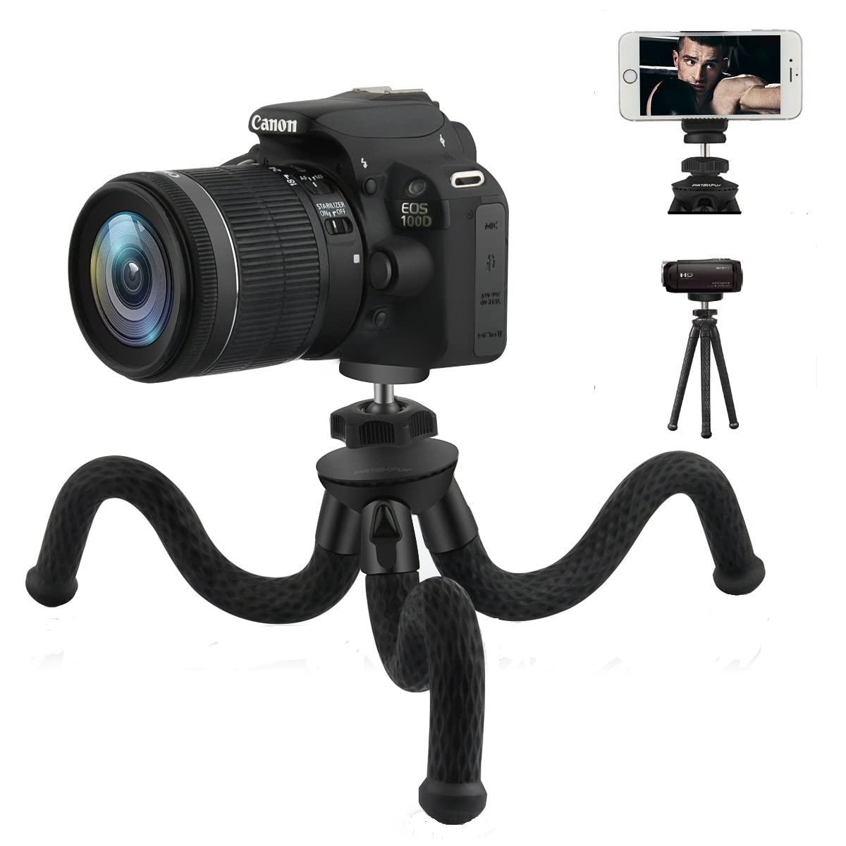 Patekfly Camera/Phone Tripod,12 Inch Flexible Camera Tripod For Canon/Nikon/Sony Dslr Cam/Action Cam, Phone Tripod Stand With Cell Phone Holder Clip For Iphone/Android Phone(3 In 1)