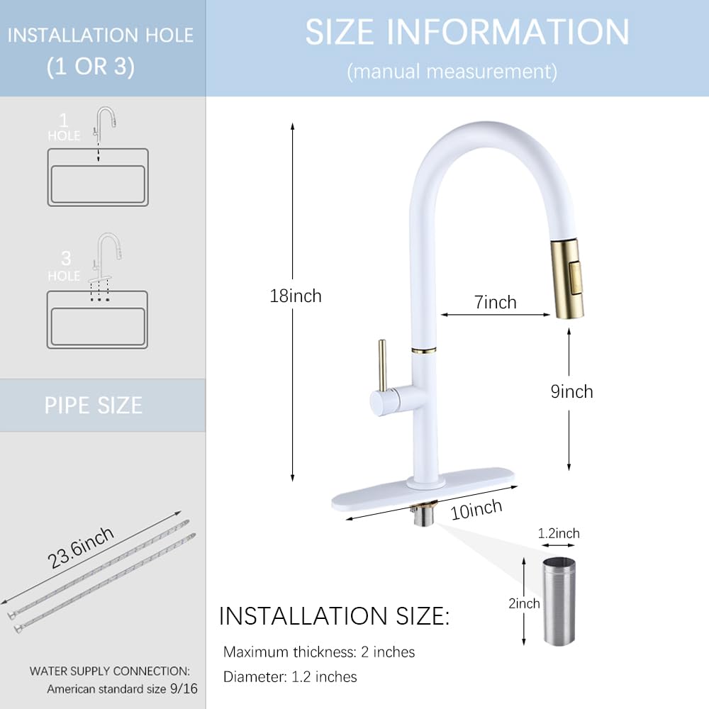Xhzsfyou Single Handle White Kitchen Faucet With Nickel Gold Sprayer Brass Kitchen Sink Faucets With Pull Down Sprayer Modern Faucets With Dual Function Spray