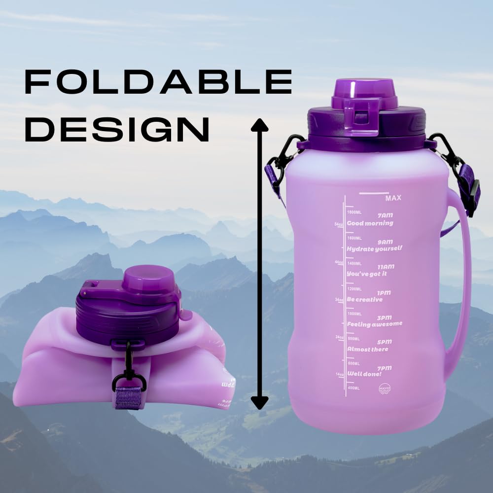 Mayim Large Collapsible Water Bottles With Time Markers, Silicone Travel Tumbler With Carry Strap