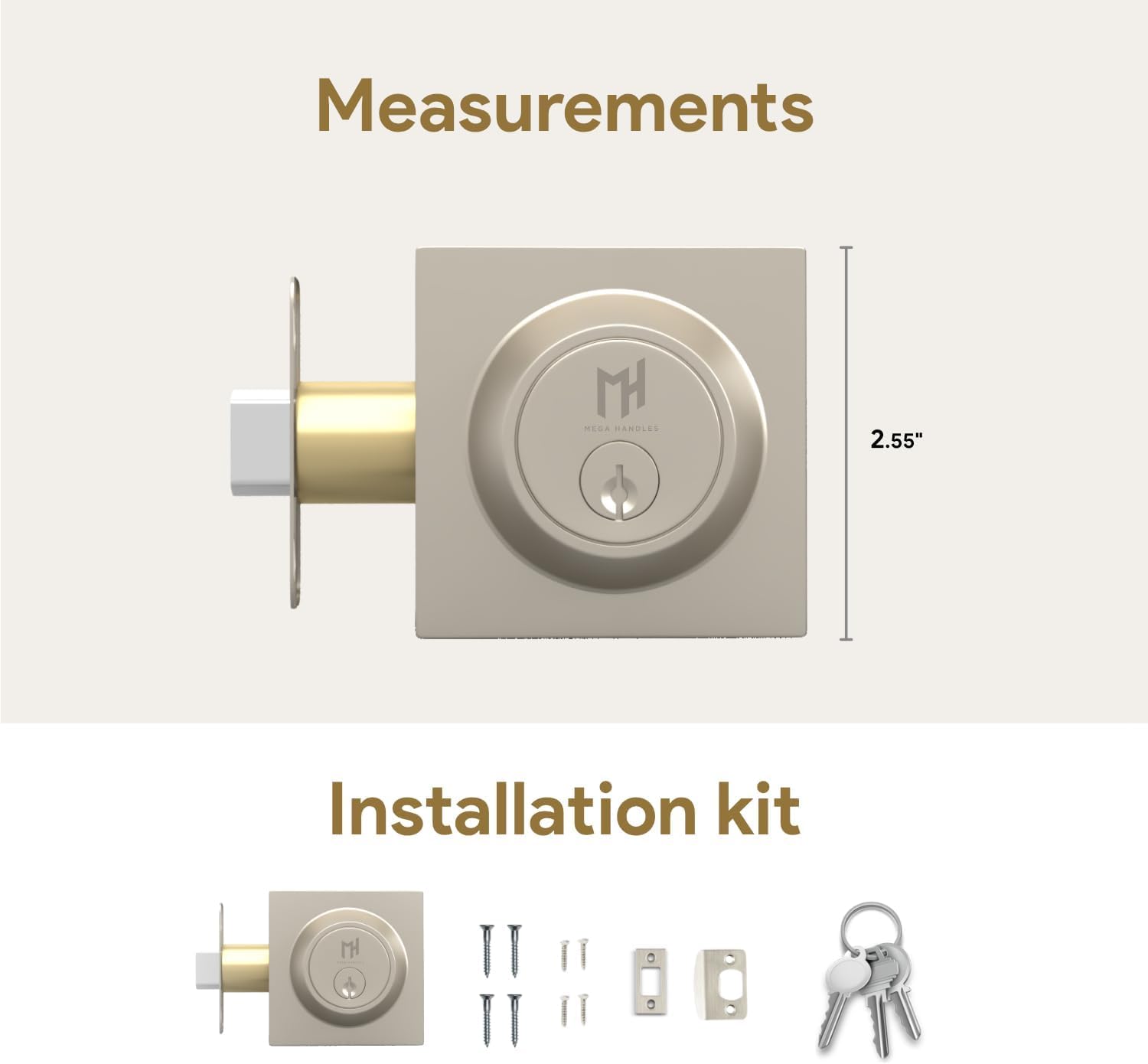 Mega Handles - Glamor Deadbolt Entry Lock - Heavy Duty Round Locking For Left Or Right-Handed Doors - Interior/Exterior - Satin Nickel