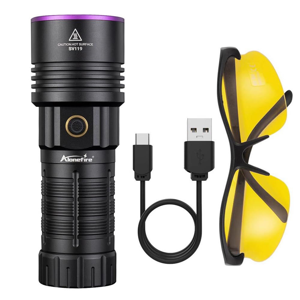 Alonefire Sv119 365Nm Uv Flashlight 90W Powerful Blacklight Digital Display Usb C Rechargeable Black Light For Pet Urine Detector, Scorpion, Resin, Bed Bug, Fishing With Uv Protective Glasses, Battery