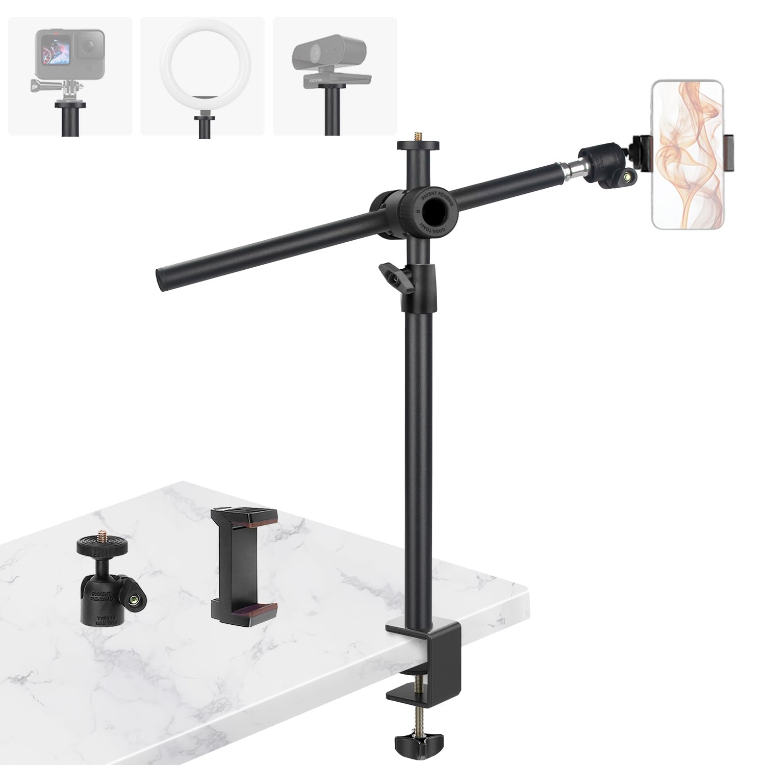 Jinsui Overhead Camera Mount, Webcam Stand For Desk With 360° Adjustable Holding Arm For Ring Light, Camera Desk Mount With Boom Magic Arm, Ball Head, Phone Holder For Cell Phone Microphone Video Streaming