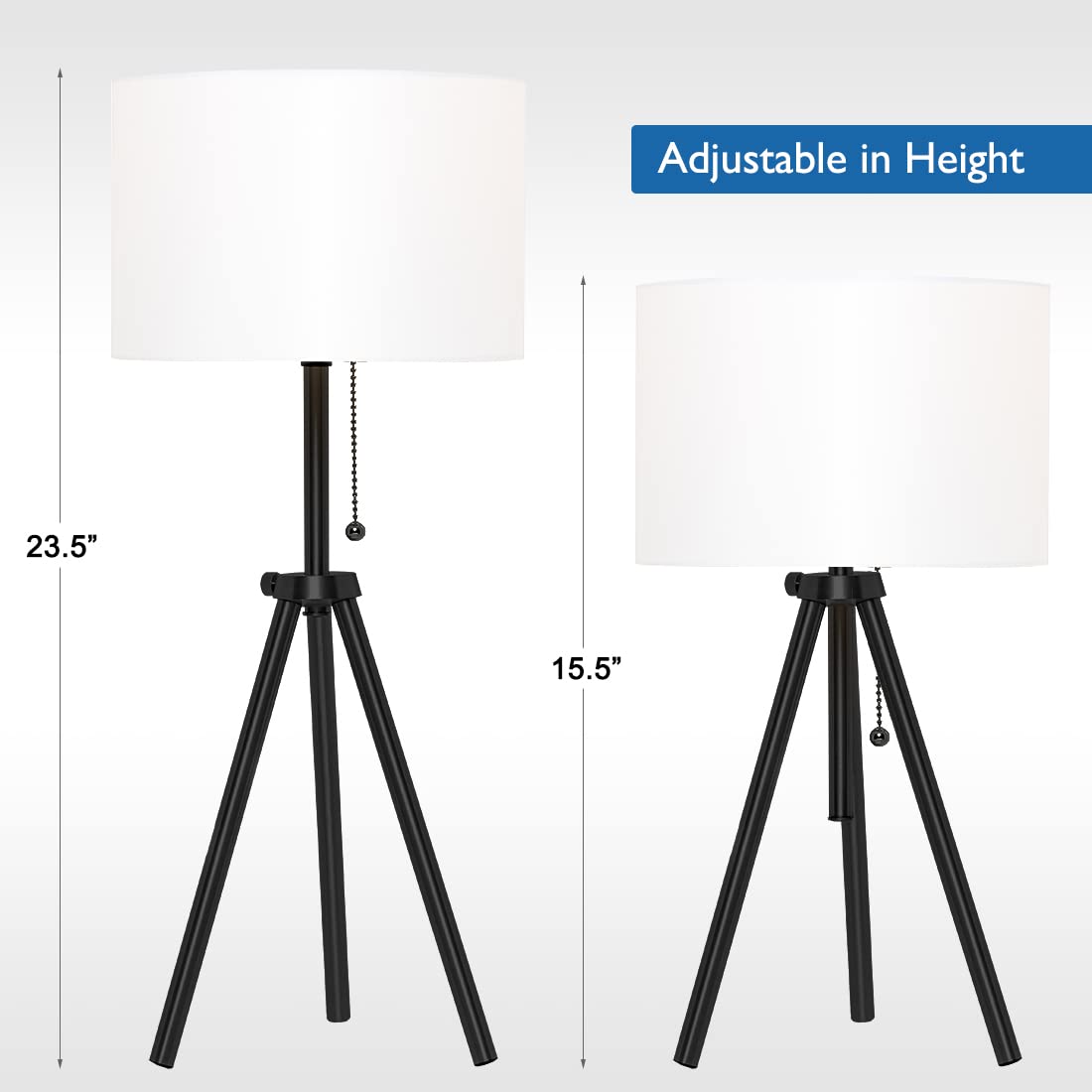 O'Bright O’Bright Tripod Table Lamp, Adjustable In Height, 100% Metal Body With Linen Drum Shade, Bedside Lamp, Nightstand Lamp, Side Table Lamp For Living Room, Bedroom, Office, Black