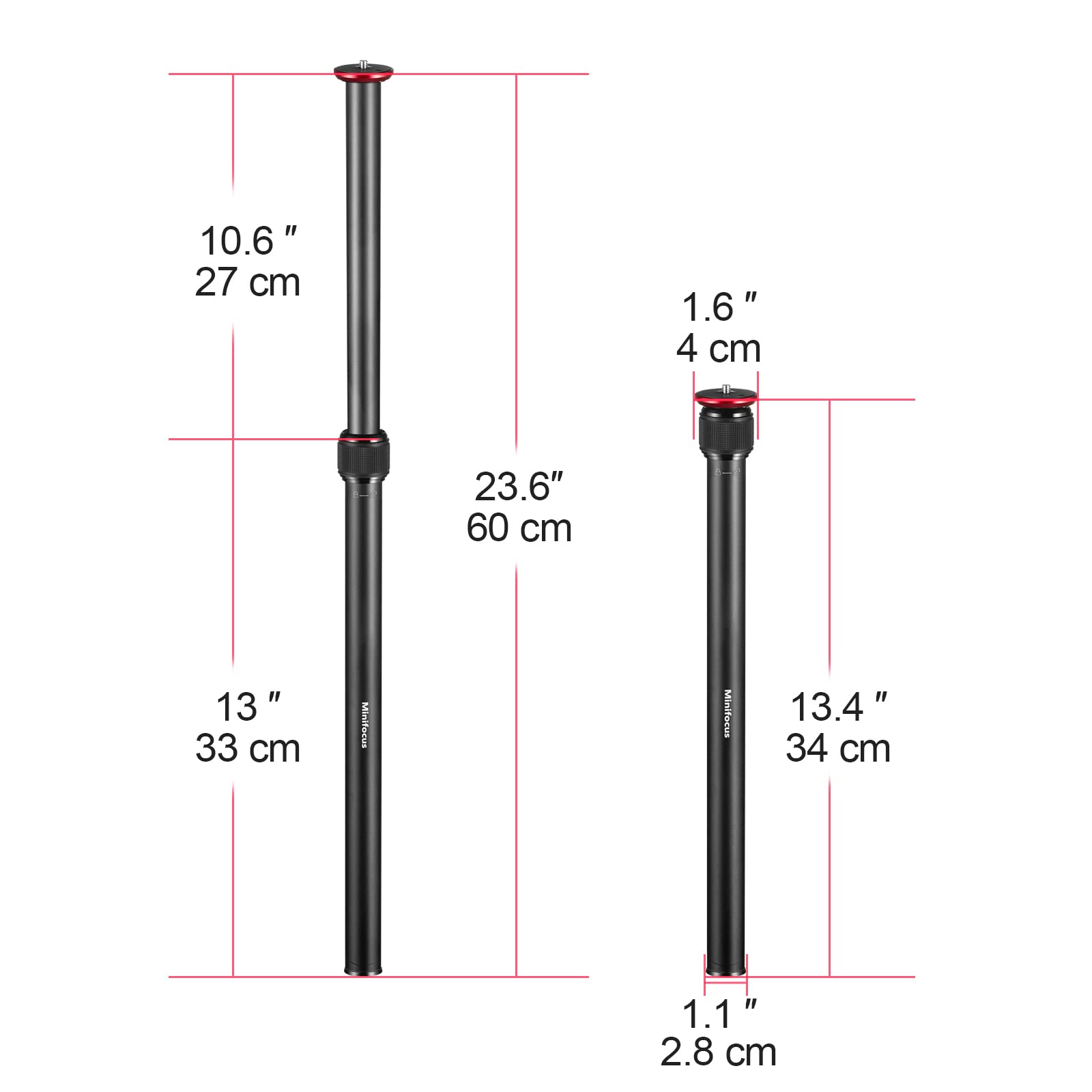 Minifocus Tripod Extender, 2 Section Center Columns, 23.4" Alloy Aluminum Telescopic Stick Rod With 1/4" & 3/8" Screw, Compatible With Tripod/Gimbal/Camera, Max Load 33Lb