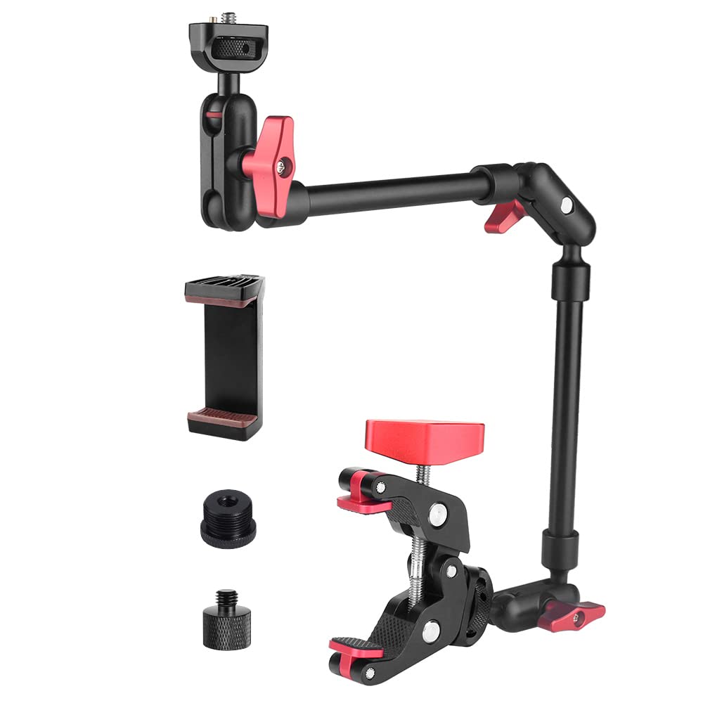 Jinsui 22" Magic Arm W Clamp Camera Mount, Overhead Phone Mount W Dual Ball Head Articulating Mic Boom Arm, 3/8" 5/8" Screw Adapters, Adjustable Camera Desk Mount Stand For Webcam Tripod Light Video Rig