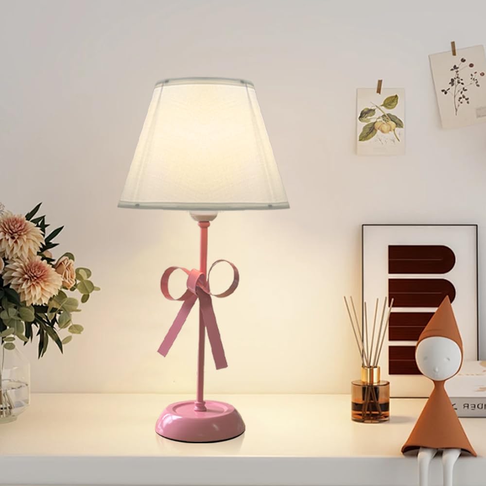 Oroilupu Pink Bow Lamp For Girls Room, Small Single Princess Desk Lamp Modern Decorative Boho Living Room Kids Reading Room Bedside End Table Cute Coquette Table Lamp With Fabric Shade Bedroom