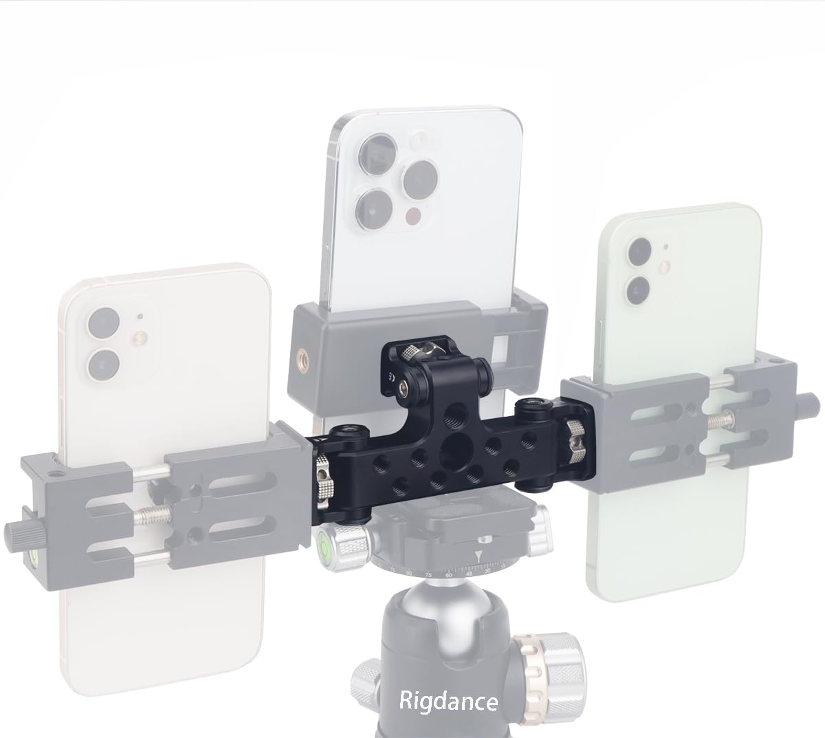 Rigdance Triple Phone Holder Tripod Mount Adaptor 180-Degree Tilt Head Vlogging Live Streaming Tool For Camera, Light, Microphone Multiple Phone Bracket To Tripod