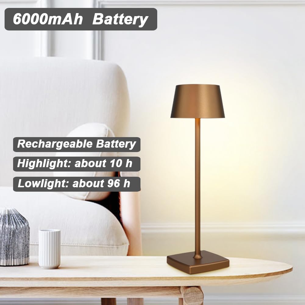 Seihoae Cordless Table Lamps Rechargeable, 6000Mah Battery, Ip54 Waterproof, Aluminum Alloy, Touch Dimming For Indoor Outdoor Restaurant Buffet Bar Coffee Shop, Brown