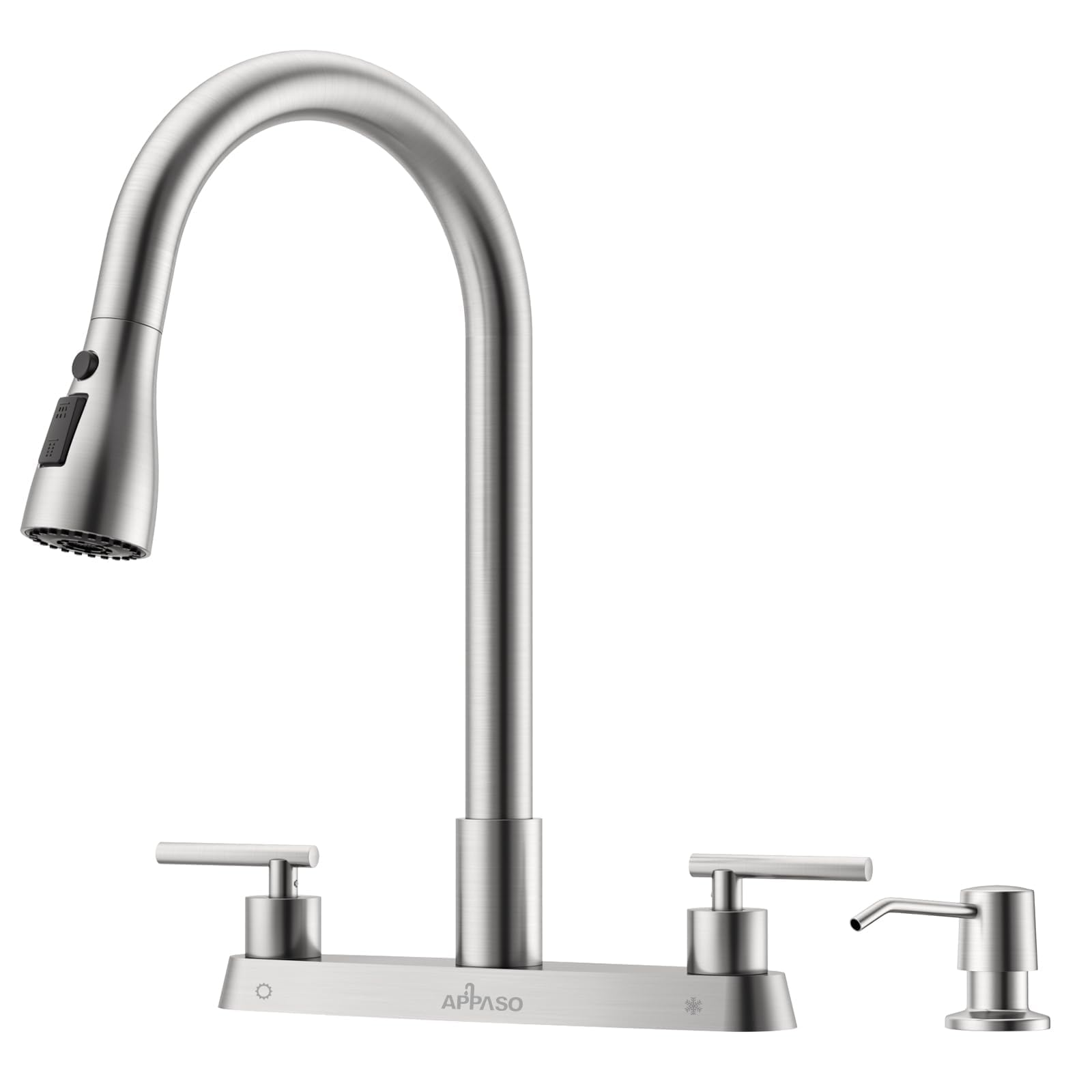 Appaso 2 Handle Kitchen Faucet With Sprayer, 4-Hole Kitchen Faucet With Pull Down Sprayer And Soap Dispenser, High Arc Stainless For 3 & 4 Hole Rv Outdoor Sink, Brushed Nickel