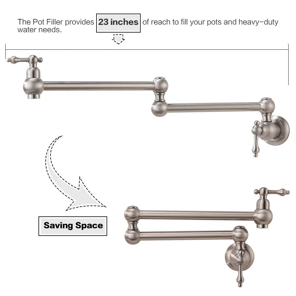 Vokim Pot Filler Faucet Wall Mount Brushed Niickel Kitchen Faucet,With Double Joint Swing Arms,Single Hole, 2 Handles Faucet
