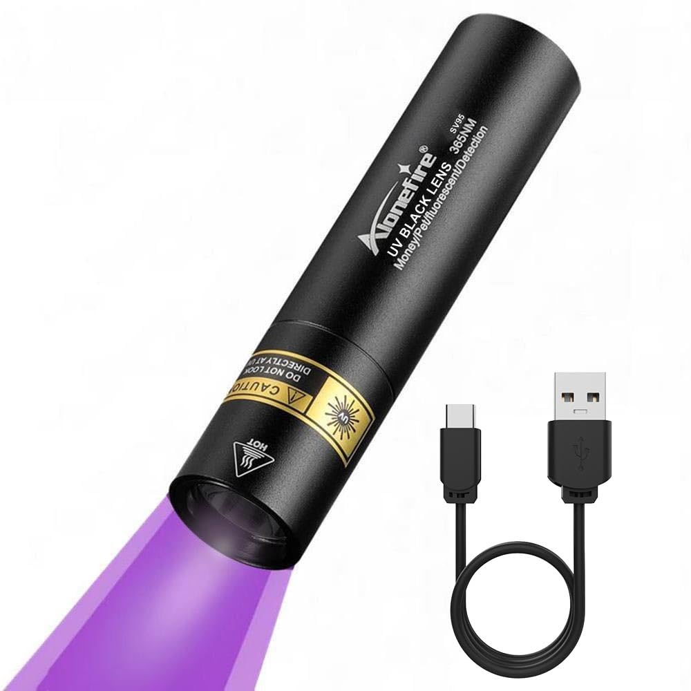 Alonefire Sv95 365Nm Small Uv Flashlight 3W Usb C Rechargeable Mini Woods Lamp Money Checker Black Light For Resin Curing, Pet Urine Detection, Scorpion, Bed Bug, Minerals,Leaks With Built-In Battery