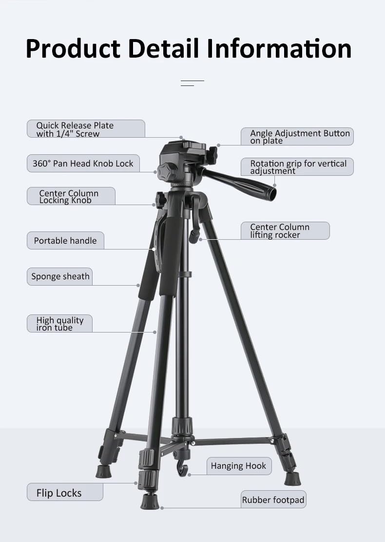 Abc Indus 66" Tripod For Cell Phone & Camera - Extendable Tripod Stand With Wireless Remote And Phone Holder For Video Recording- Portable Tripod With Bag For Travel And Photography