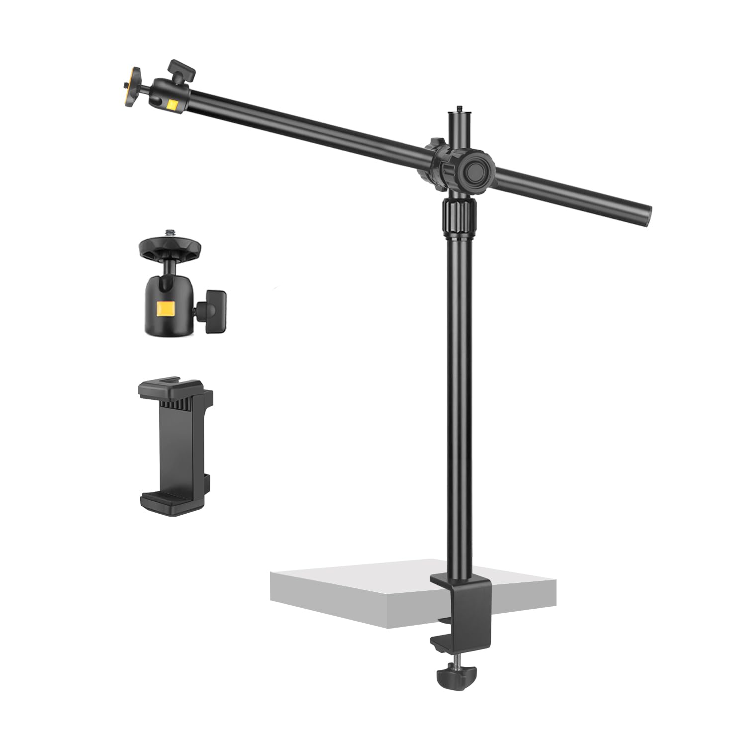 Jebutu Camera Desk Mount Webcam Stand With Overhead Articulating Magic Boom Arm 1/4" Ball Head For Dslr Tripod, Adjustable Light Stand, Tabletop C Clamp For Ring Light Photo Video Shooting Live Streaming
