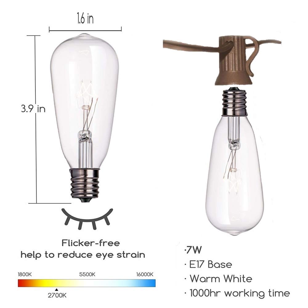 Sunsgne 20Ft Edison Outdoor String Lights With 22 Clear Edison Bulbs, St40 Vintage Bulbs String Lights, 7W Christmas Hanging Backyard Porch Balcony Party Decoration Lights, E17/C9 Socket Base, Brown