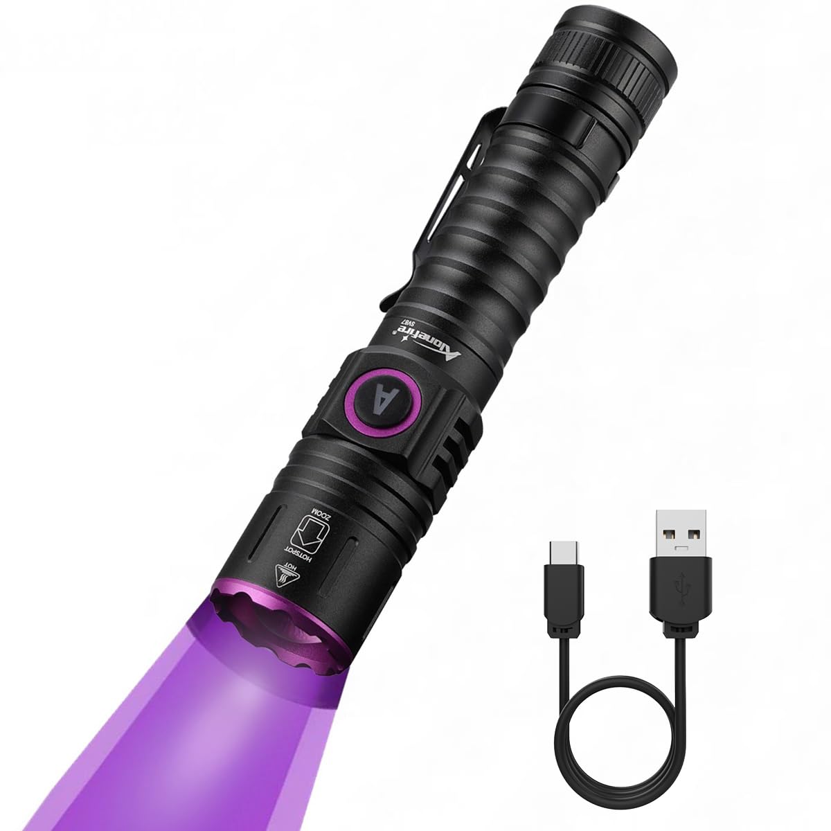 Alonefire Sv87 365Nm Uv Flashlight Zoom 5W Type C Usb Rechargeable Black Light Money Detector For Resin Curing, Pet Urine Detection, Scorpion, Fishing, Minerals, Leaks, Cure Glue With Battery