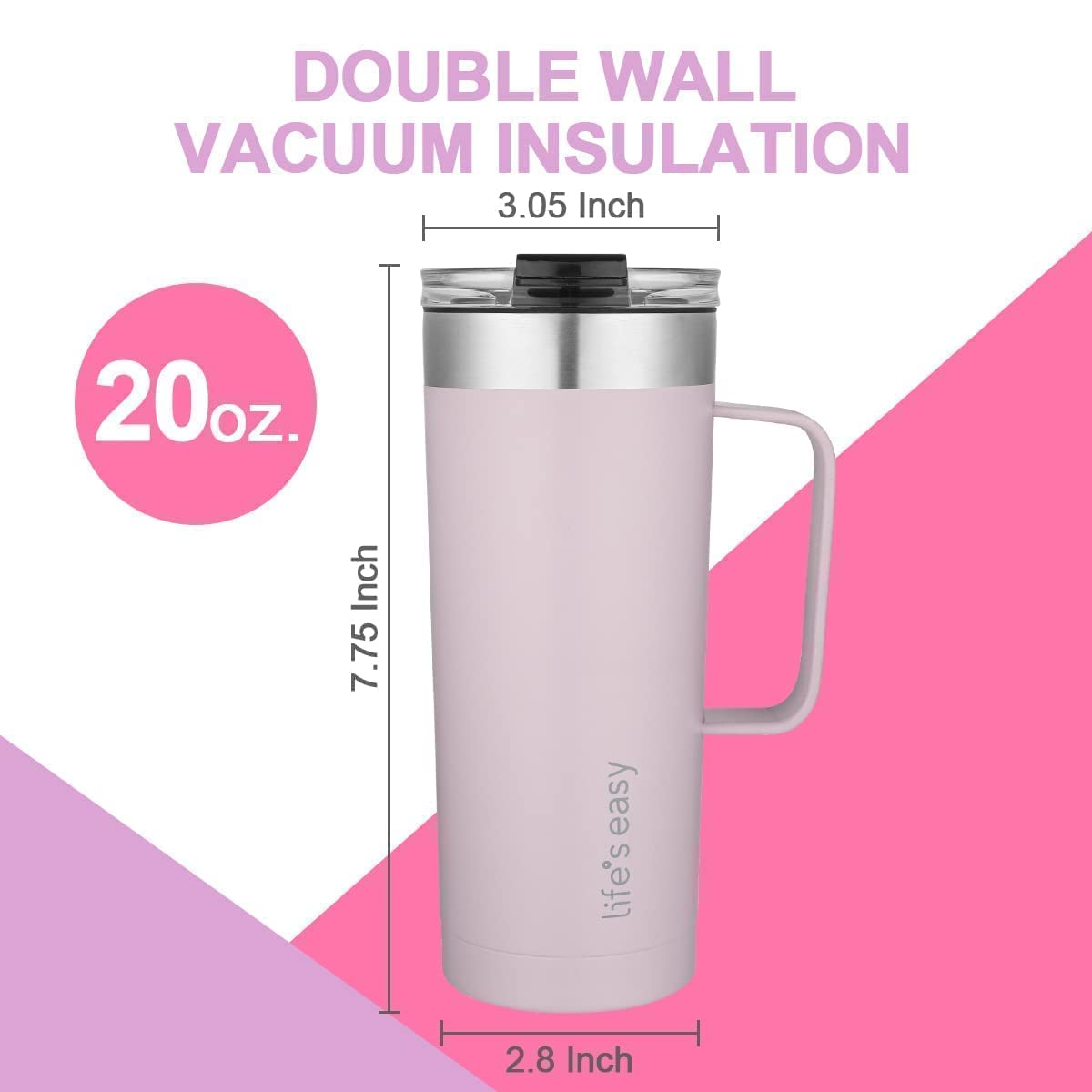 Life'S Easy 20Oz Stainless Steel Mug W/Handle - Double Wall Insulated Travel Tumbler W/Flip Lid