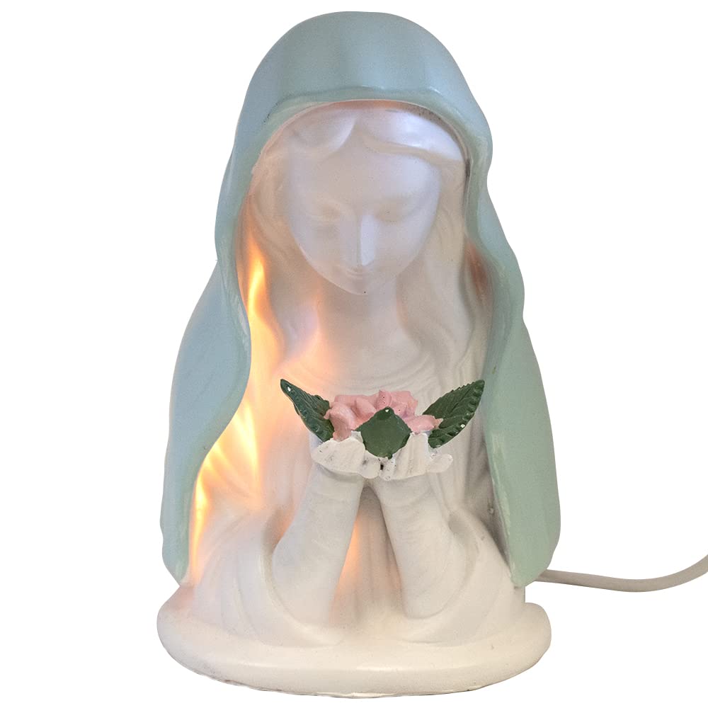 Village Gift Importers Blue Madonna With Rose Night Light | Small Catholic Table Lamp | Blessed Mother In Blue Veil Holding A Pink Rose | Emits Soothing Warm Light | Catholic Home Decoration