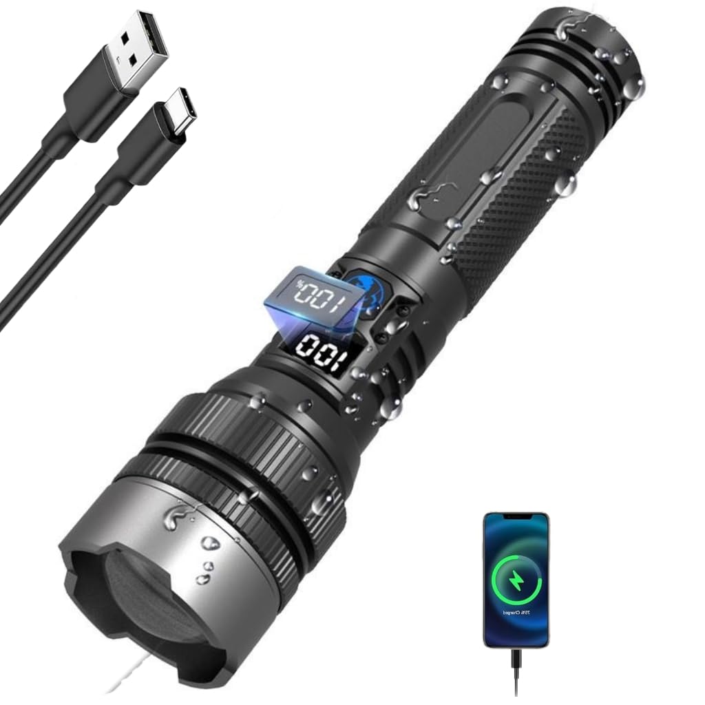 Doemty 2-In-1 Strong Flashlight, Digital Display Of Power, Rechargeable, Zoomable, X4Waterproof, Adjustable Brightness Flash Light For Outdoor, Emergency, Camping, Night Security Garage Lighting