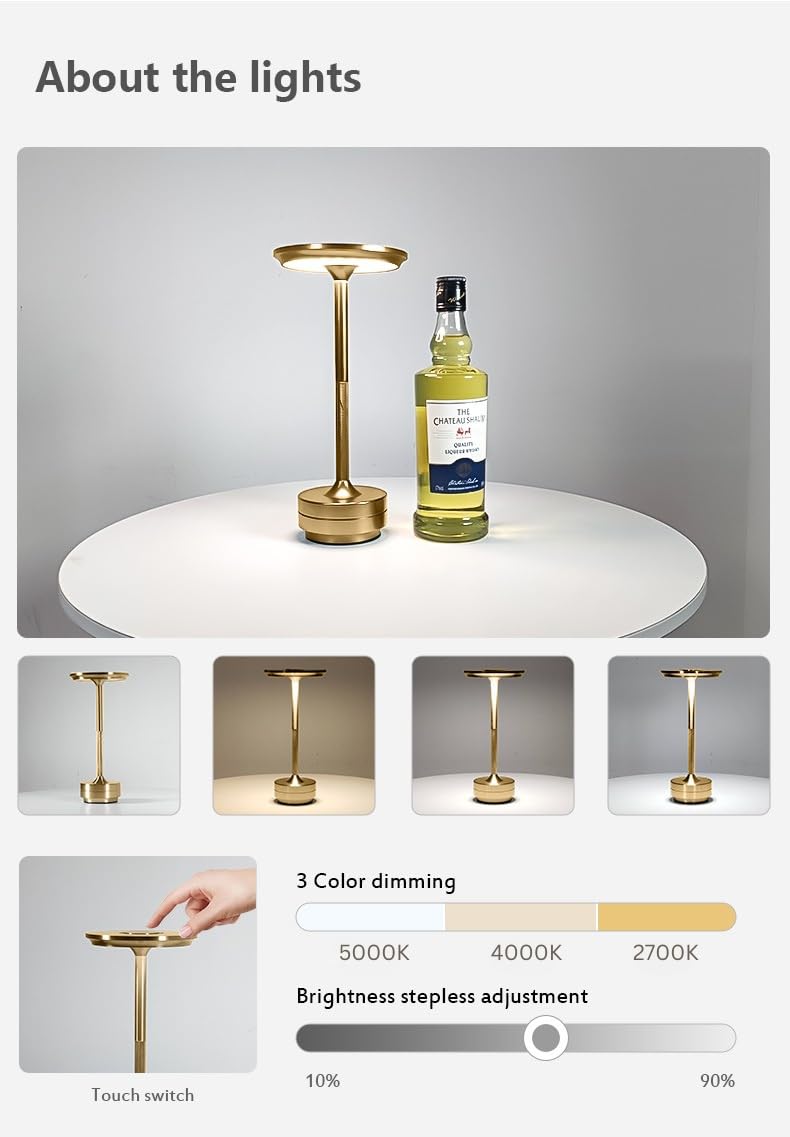 Xylomega Portable Cordless Led Table Lamp With Touch Control, 3 Color Stepless Dimming, Built-In Rechargeable Battery, Classic Minimalist Design For Living Room, Dining Room, Bedroom, Patio - Gold