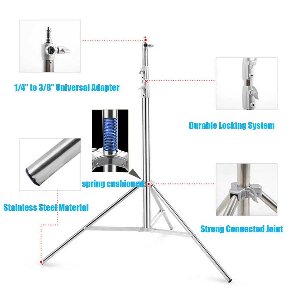 Cevoqin Light Stand Photography Heavy Duty Stainless Steel Light Stand,Photography Spring Cushion Light Stand With 1/4"To3/8" Universal Adapter For Studio Strobe Flash Softbox Max Load 22Lb Length 9.3Ft/112In