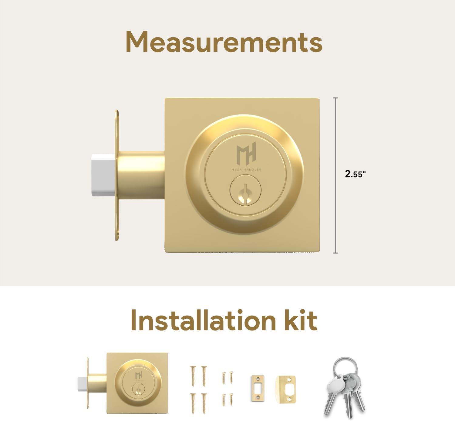 Mega Handles - Suana Heavy Duty Square Locking Deadbolt - Left/Right Handed - Interior/Exterior - Satin Brass