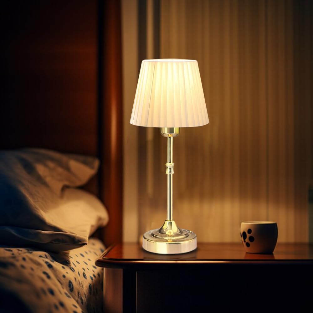 Leroxo Cordless Led Metal Table Lamp, Portable Fabric Shade Desk Lamp, 3-Level Brightness, Touch Sensor Control, Rechargeable Bedside/Nursery/Dining Room Lamp