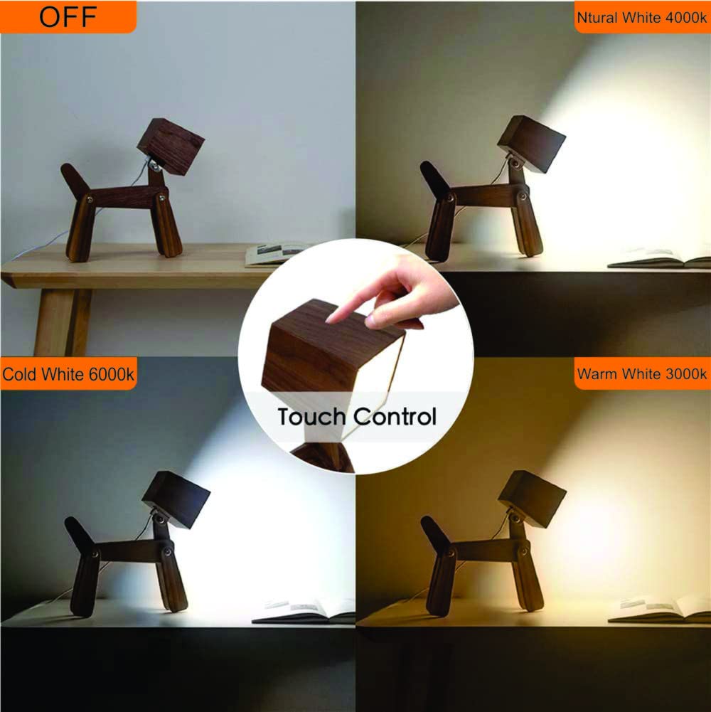 Artistic Gifts Wooden Dog Table Lamp Kids Room, Bedroom Study, Office | Adjustable Dog Shape Portable Cute Animal Desk Lamp Unique Night Lamp Dimmable, Touch Control, Warm White Light. (Walnut)