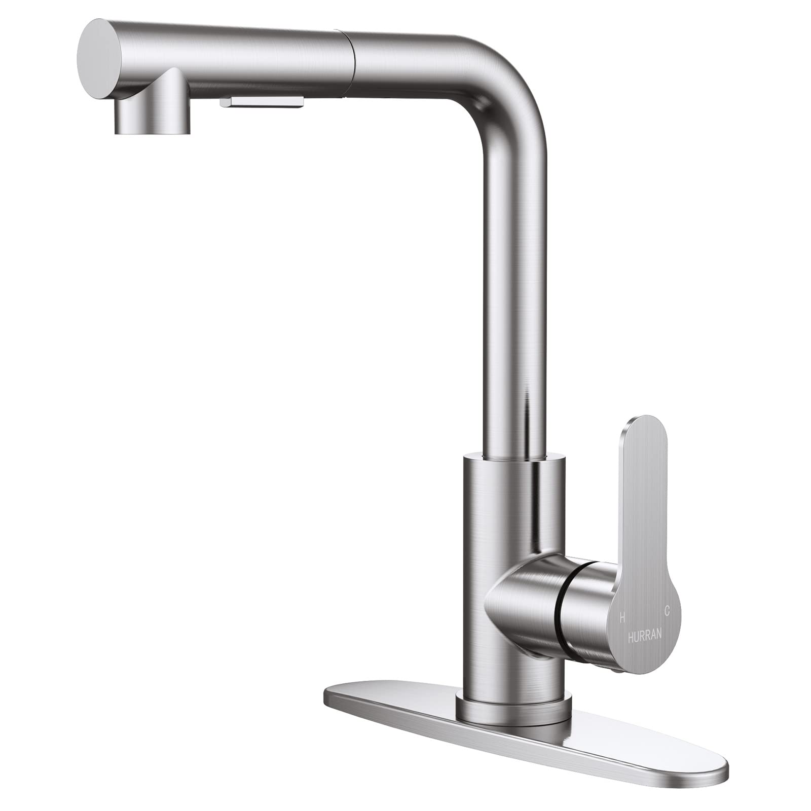 Hurran Kitchen Faucets, Brushed Nickel Kitchen Faucet With Pull Down Sprayer And Deck Plate, Stainless Steel Commercial Utility Kitchen Faucets For Sink 3 Hole For Bar Rv Camper Laundry Outdoor Farmhouse