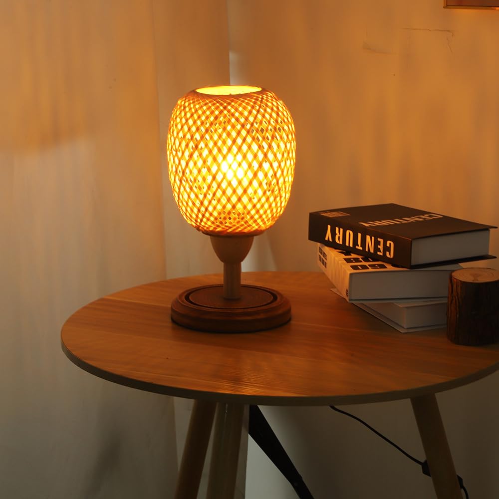 Vintopsh Bamboo Rattan Table Lamp,Boho Farmhouse Bedside Desk Light Fitting For Bedroom Living Room Desk Kids Room