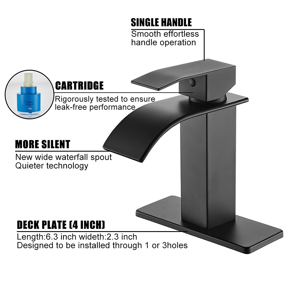 Bathroom sink faucet in matte black with single handle, waterfall flow, suitable for 1 or 3-hole sinks