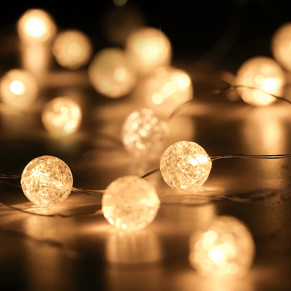 Hutools Globe String Lights For Bedroom, Decorative Christmas Lights, Crystal Crackle Ball Lights 10Ft 30 Led Soft White Battery Operated Fairy Lights Perfect For Valentine'S Day Decor