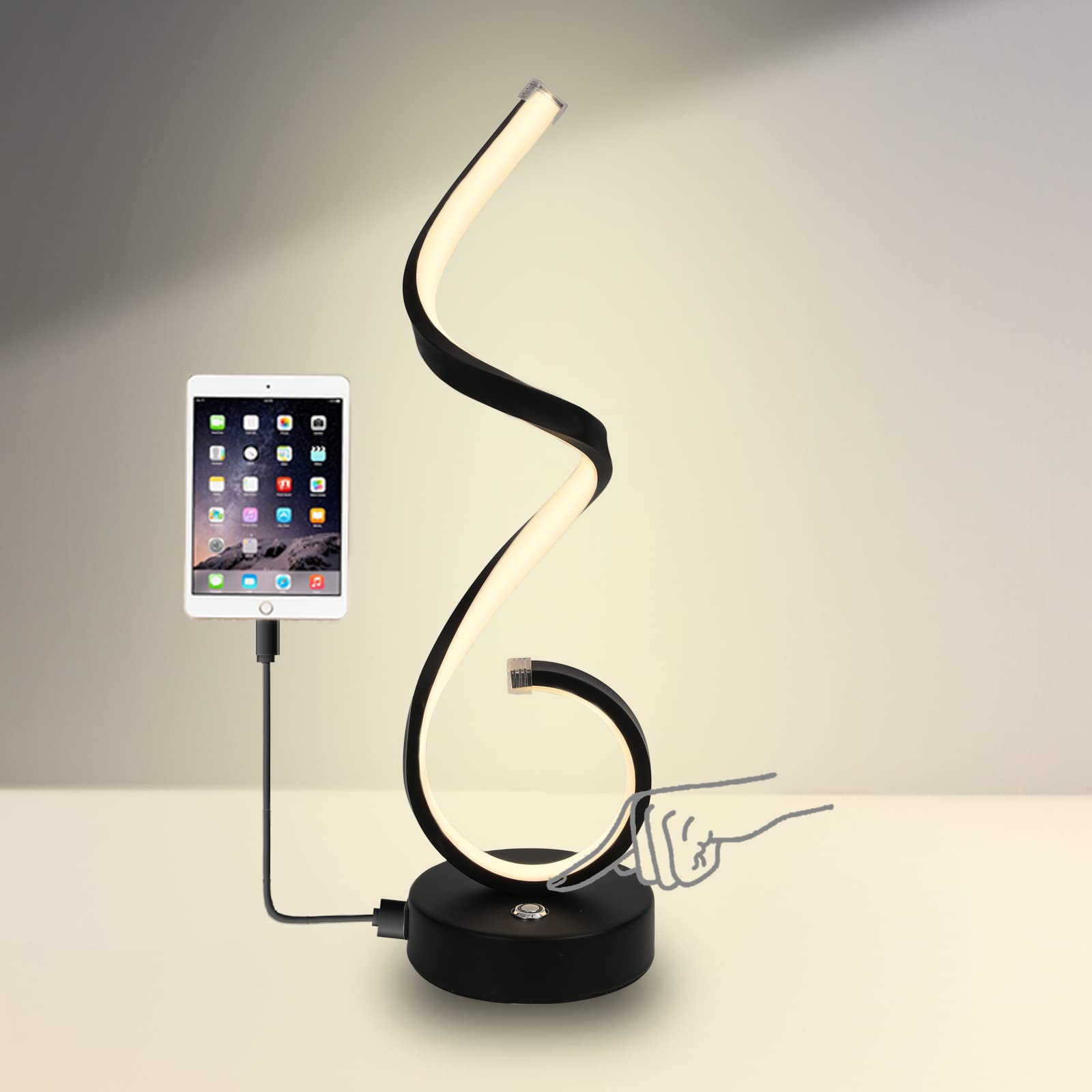 Eidearay Modern Spiral Led Table Lamp, 22W Dimmable Touch Control Desk Lamp Reading Light With 1 Usb Charging Ports, 3 Colors Bedside Nightstand Lamp For Bedroom, Living Room, Office - (Black)