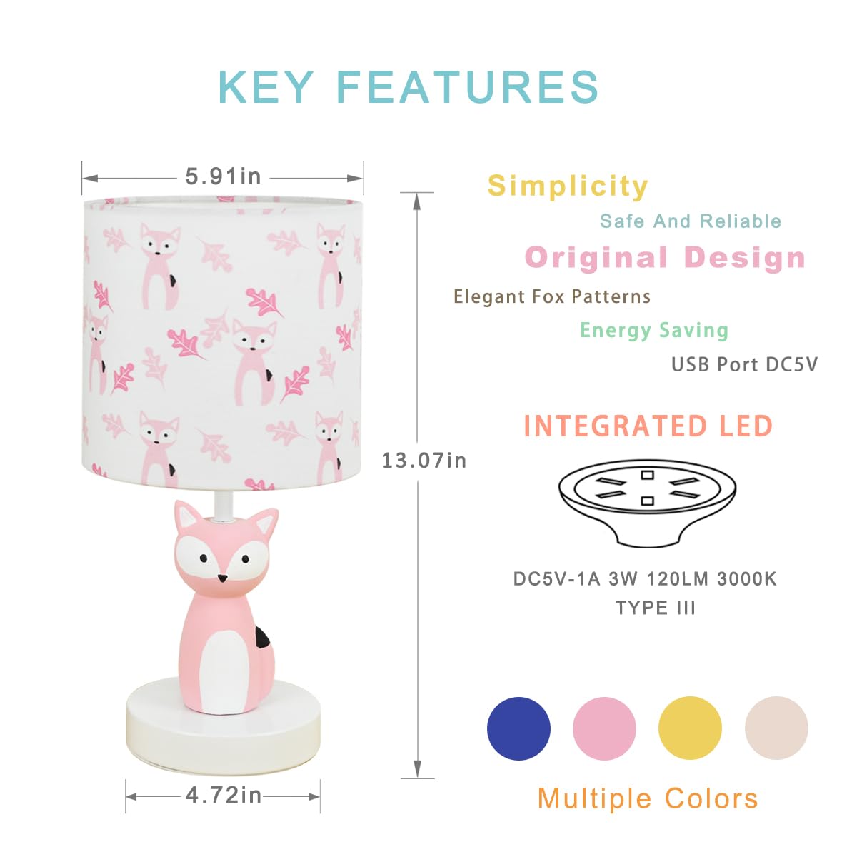 Lampwell Fox Led Table Lamp With Usb Port Dc5V,Pink Kids Table Lamp,Night Light For Kids Room,Nursery,Bedroom,Kitchen Counter,Gameroom,Φ5.91×H12.88In,Hand-Made