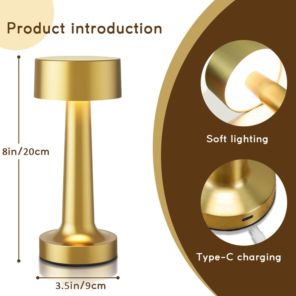 Hpufkot Portable Led Table Lamp, 3-Levels Brightness Metal Desk Lamp,3 Color Touch Control Rechargeable Lamp, Ideal Bedside Lamp For Nightstand,Bedroom, Living Room (Gold)