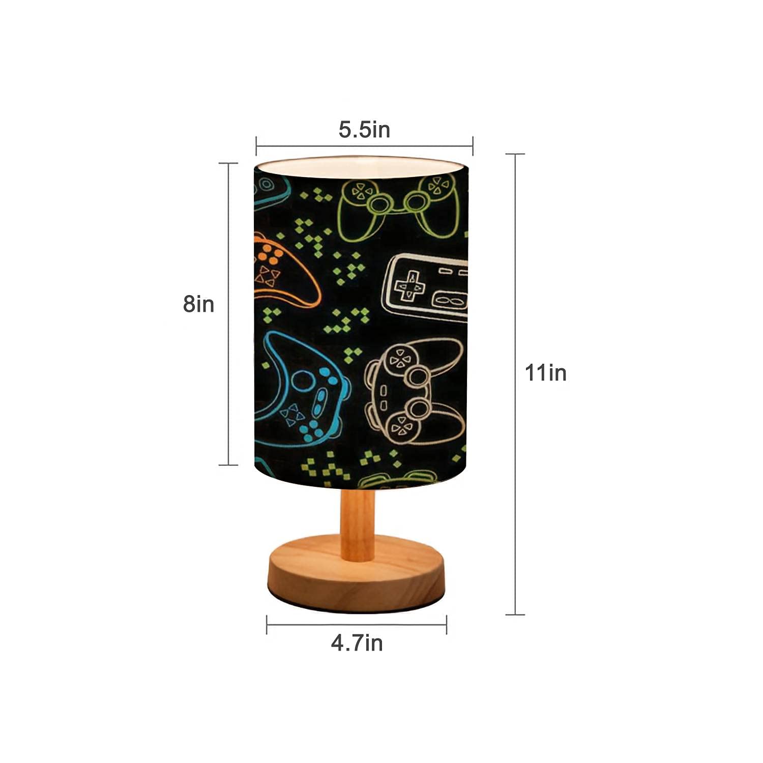 Rainfallaring Minimalist Bedside Table Lamp Seamless Bright Pattern With Joysticks Gaming Cool Print For Boys And Solid Wood Nightstand Desk Base Flaxen Fabric Shade Bedroom Living Room, 5.5X11Inch