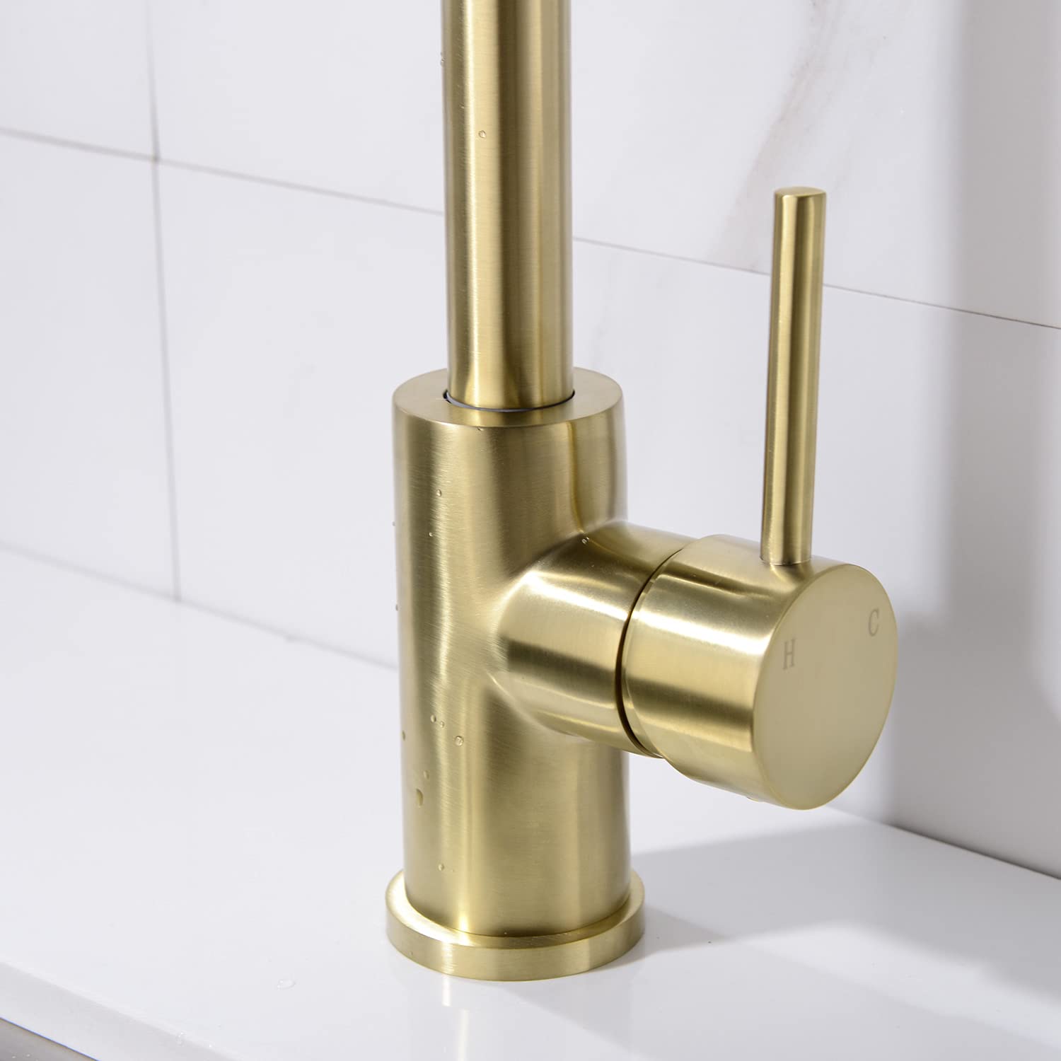Trustmi Solid Brass Kitchen Faucet Single Handle 1 Hole 360-Degree Swivel Gooseneck Bar Sink Mixer Tap, Brushed Gold