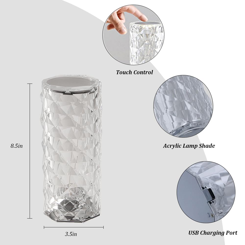 Leroxo Portable Crystal Table Lamp, 3-Color Touch Control Rechargeable Night Light, Bedside & Desk Lamp For Bedroom, Living Room, Kitchen & Dining Room (3-Color Rose)