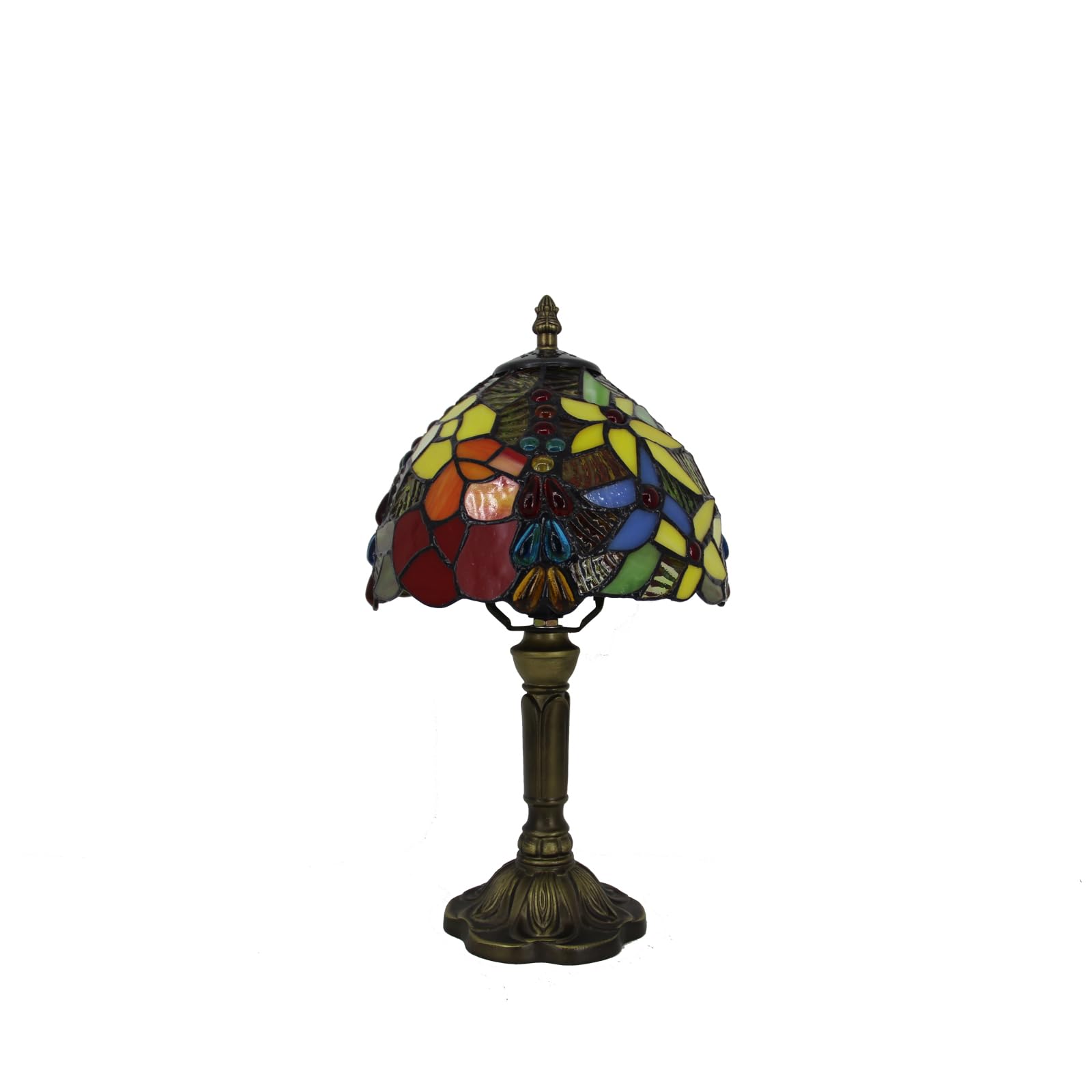 Xfnlumere Vintage Tiffany Table Lamp Red Yellow Rose Stone Drop Decor 8" Shade Small Retro 14.6" Tall Bedroom Nightstand Bedside Desk Light Flower Pattern