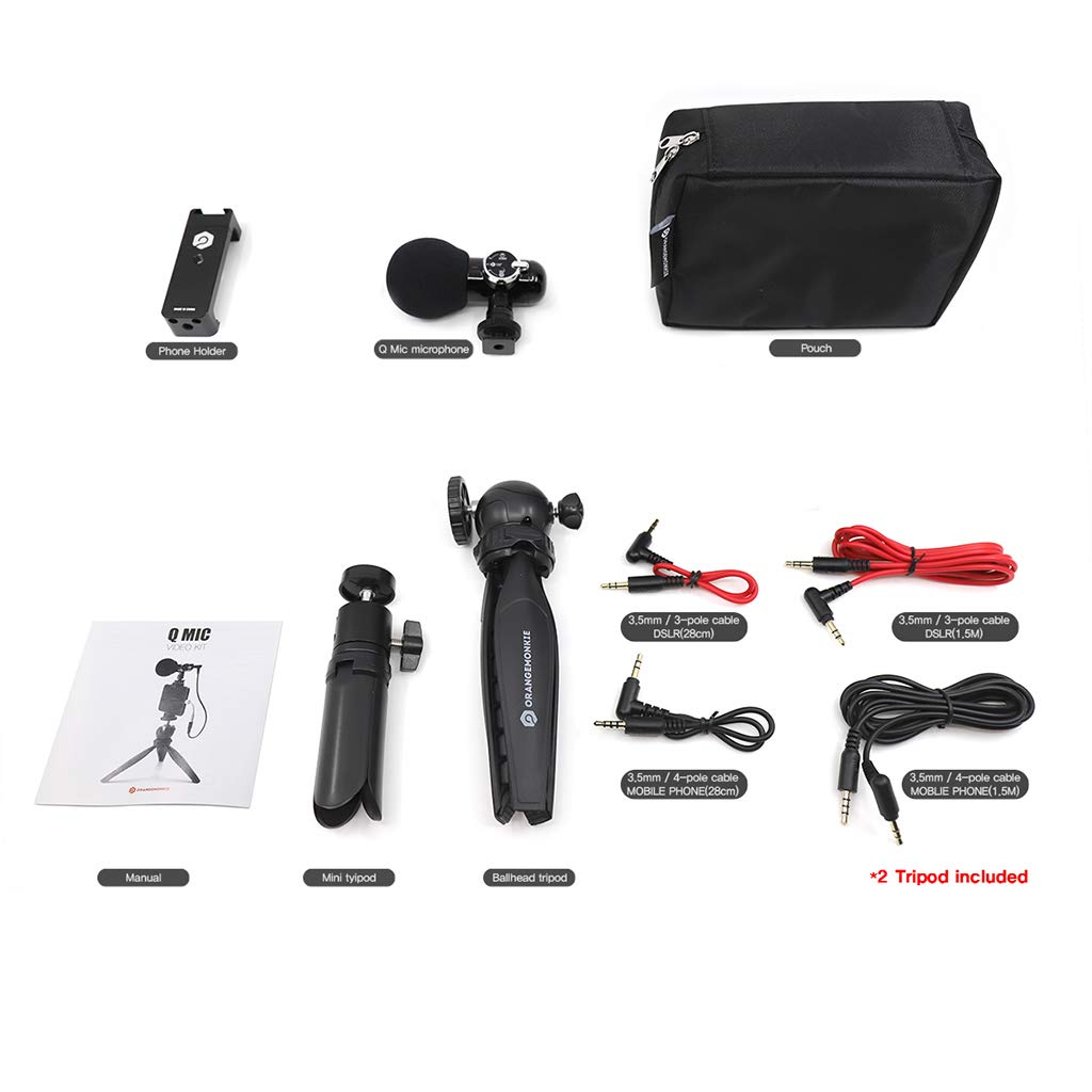 Orangemonkie / Q-Mic (All-In-One Asmr Direct Omni 360° Microphone, 2 Tripod, 4 Cables, Phone Holder, Case) / Smartphone, Dslr Video Recording Kit For Youtube, Tiktok, Vlogging, Filmmaker