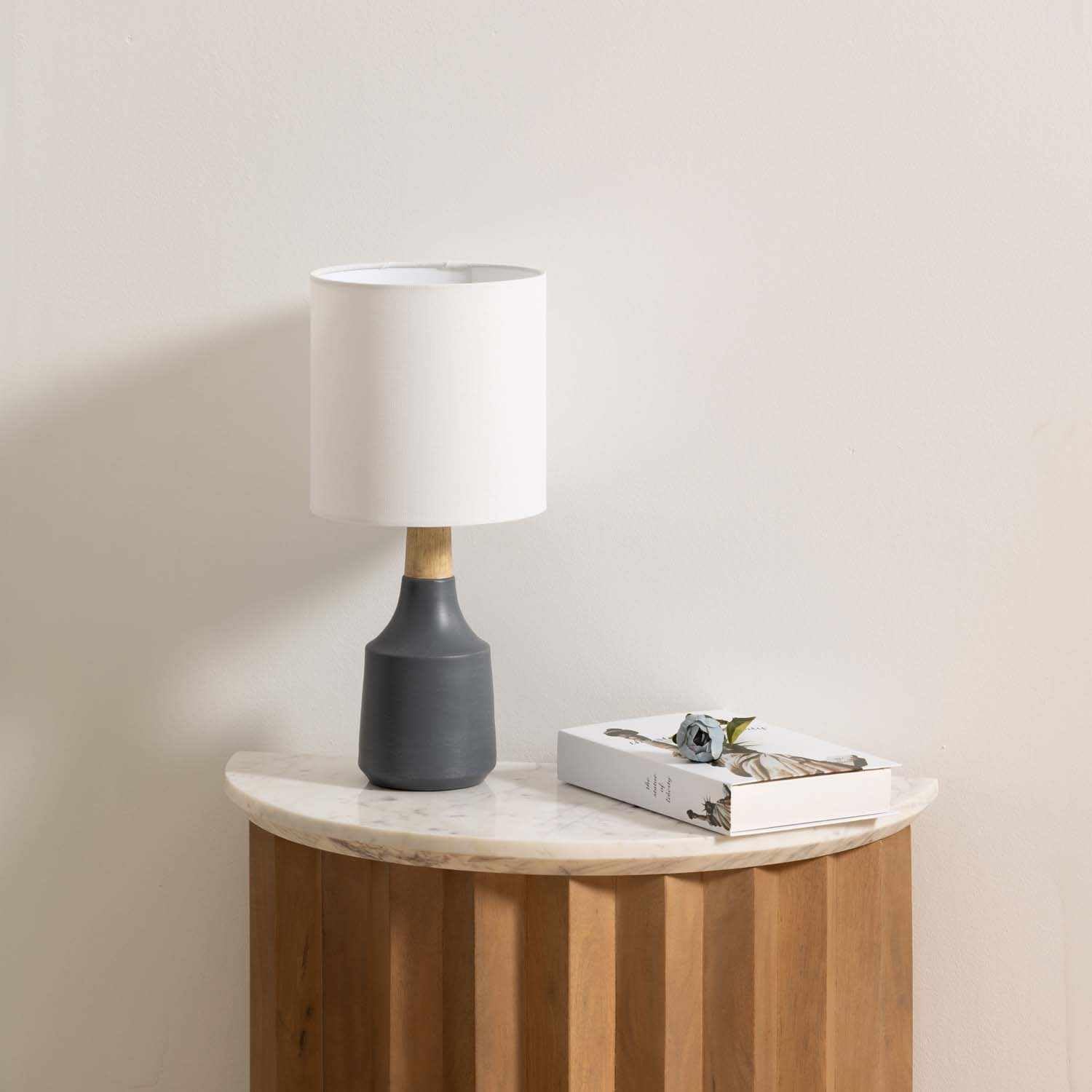 Boutiquerugs Buharkent Modern Resin Bedside Table Lamp For Bedroom Nightstand - End Side Lighting For Living Room - Shade Linen - White, Gray, Beige - 17,5" H