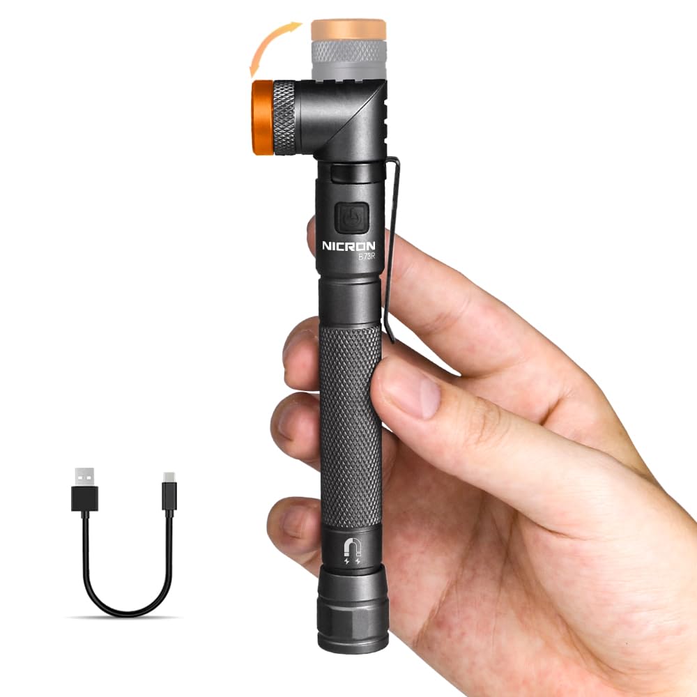 Nicron B73R Pen Flashlights 90 Degree Rotatable Flashlight 300 Lumen 4 Modes With Sos Rechargeable Flashlight, Ipx4 Waterproof, Magnetic Light For Work,Repair, Emergency