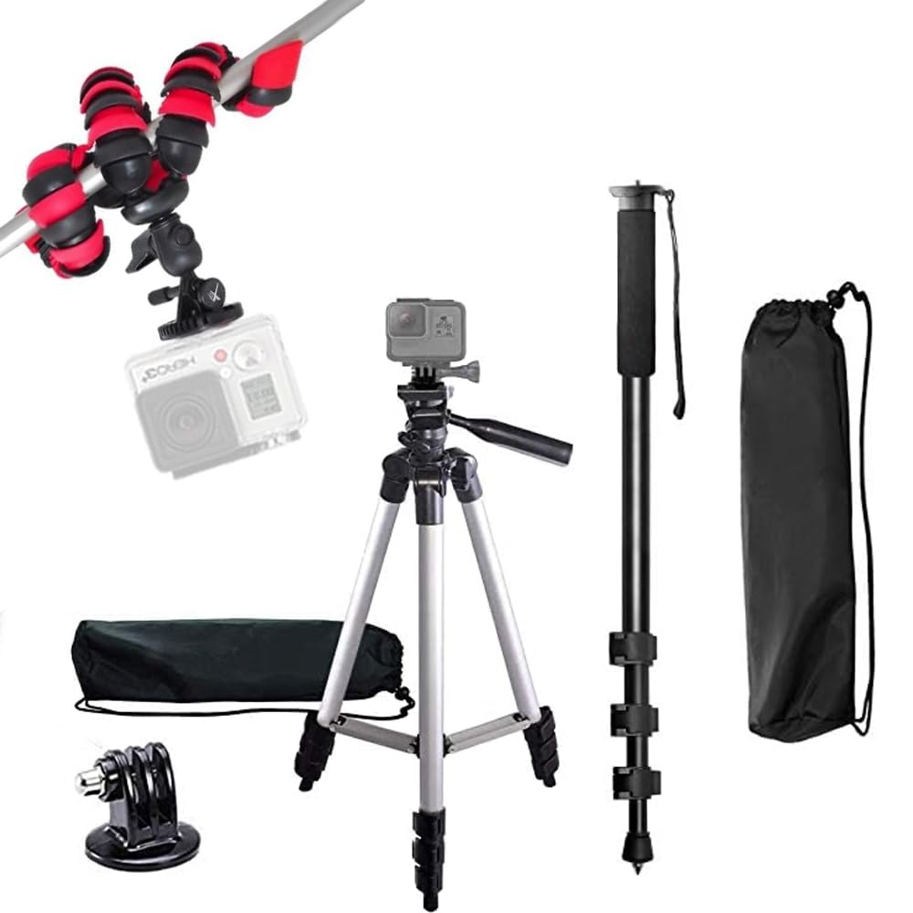 Ecostconnection 50" Inch Camera Tripod, 72" Inch Monopod With Quick Release, 12" Inch Flexible Tripod With Wrapable Disc Legs, Tripod Mount For All Gopro Hero Cameras & An Microfiber Cloth