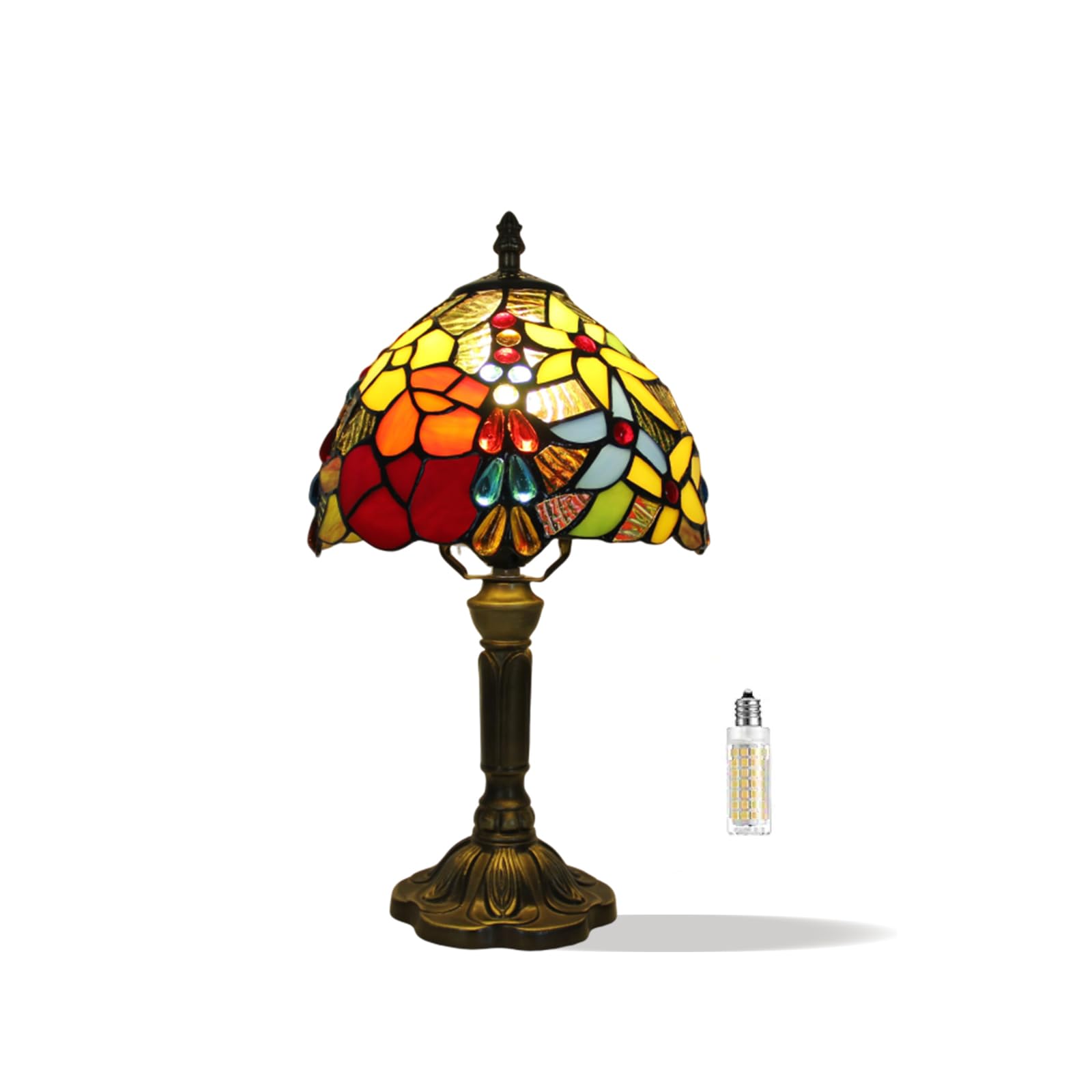 Xfnlumere Vintage Tiffany Table Lamp Red Yellow Rose Stone Drop Decor 8" Shade Small Retro 14.6" Tall Bedroom Nightstand Bedside Desk Light Flower Pattern