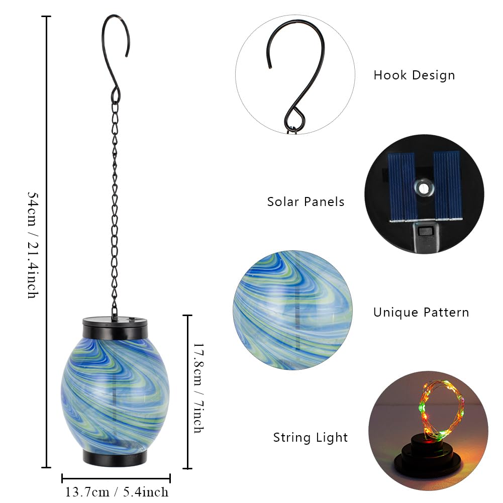Yele Hanging Solar Lanterns Outdoor Waterproof,21" Blue Glass Solar Lights With Rgb Color Changing String Light,Outdoor Lanterns For Patio Tree Yard Tabletop Garden Decor,Garden  For Women