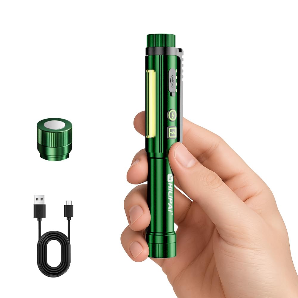 Shilipai Edc Flashlight With Work Light, Rechargeable Pocket Clip Dual Magnetic Base For Hands- Lighting, Portable Cob Led Dimmable Flashlight, Hazard Light -Green